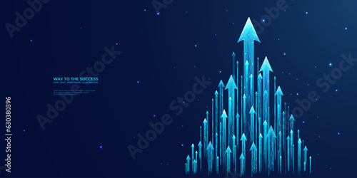 Abstract business arrow-up growth in a pyramid form in a futuristic low poly wireframe style. Digital development progress concept. Boosting sign in the technological blue banner. Vector illustration.
