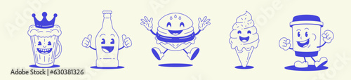 Food drink cartoon characters set beer bottle burger ice cream coffee retro 30s line art icon vector