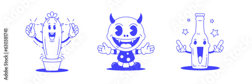 Party bottle baby devil cactus cartoon character set retro 30s animation style line art icon vector