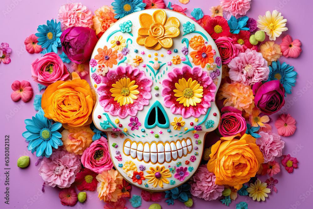 A sugar cookie shaped like a sugar skull with edible flowers and candies A sugar cookie shaped like a sugar skull with edible flowers and candies