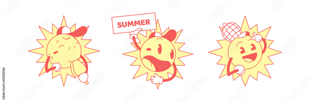 Sun cartoon character set ice cream summer placard idea retro 30s animation style icon vector flat Sun cartoon character set ice cream summer placard idea retro 30s animation style icon vector flat