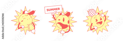 Sun cartoon character set ice cream summer placard idea retro 30s animation style icon vector flat