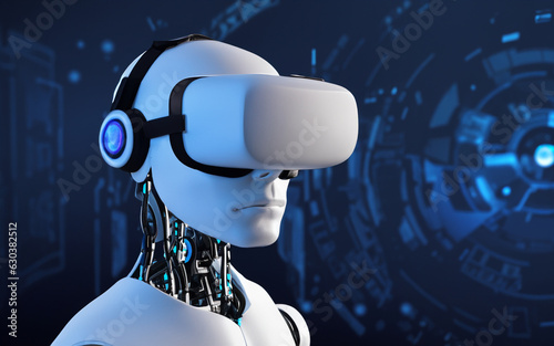 robot wearing virtual reality glasses on blue background