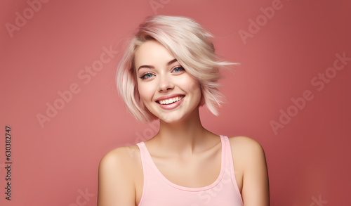 Photograph of a pretty blond woman on gray-red background. Happy and smiling woman