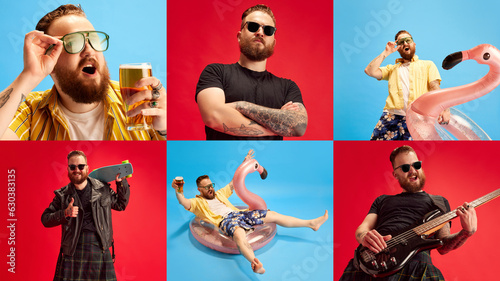 Collage made of portraits of bearded man posing in sunglasses in leather jacket and yellow shirt over blue and red background. Concept of human emotions, diversity, lifestyle, fashion, ad