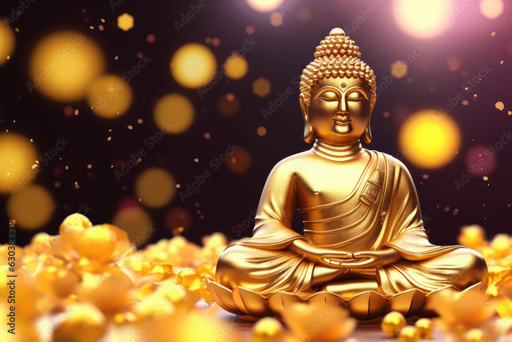 3d lucky golden buddha with many golden coins, generative AI