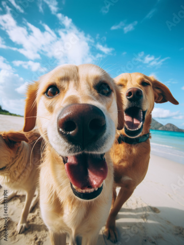 Dogs on the beach taking selfies. The concept of summer, fun and vacationing with a pet. Generative AI.