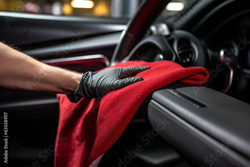 Hand with microfiber cloth cleaning car, detailing and dry cleaning service. AI generative photo