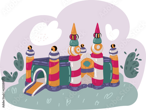 Bouncy inflatable castle. Tower and equipment for child playground. Vector flat cartoon illustration isolated on white background. Bouncy castles, trampoline for kids on playground in the park.