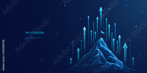 Abstract growth concept. The digital peak of a mountain with a flag on the top and arrows up. Boosting of a career or great results of a business. Low poly wireframe vector illustration.