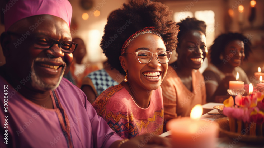 Fototapeta premium Senior African person. woman with her husband and family celebrating birthday party.