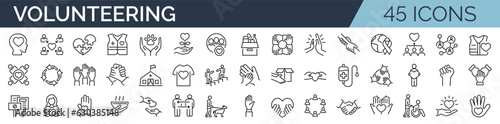 Set of 45 outline icons related to volunteering, charity, donation, aid. Linear icon collection. Editable stroke. Vector illustration photo