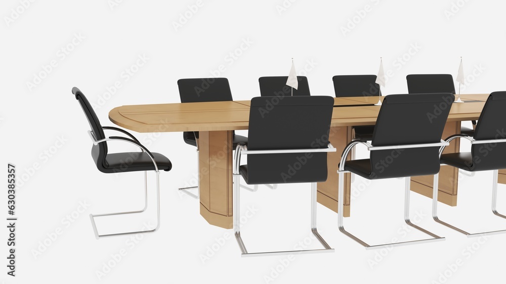 Meeting table and black chairs in meeting room, isolated on white background.
Meeting table and black chairs in meeting room, isolated on white background.