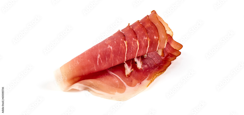 Slices of prosciutto di parma or jamon serrano, close-up, isolated on white background.