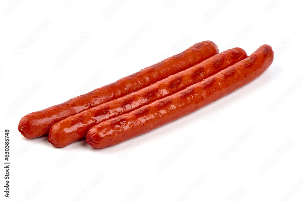 Barbecued thin sausages, close-up, isolated on white background. Barbecued thin sausages, close-up, isolated on white background.