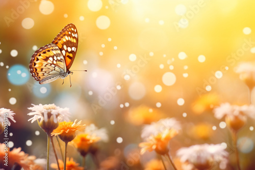 Beautiful wild flowers background with butterfly. Space for text.     Generative AI © Nico Vincentini