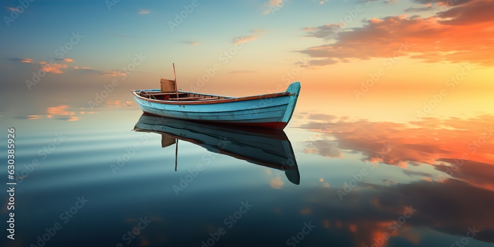 AI Generated. AI Generative. Wood boat ship on peace calm relaxung lake sea river water. Nature outdoor fishing landscape. Graphic Art