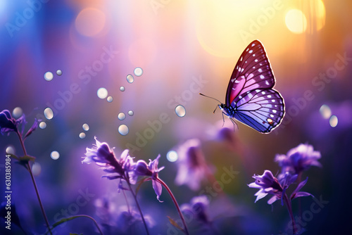 Beautiful wild flowers background with butterfly. Space for text.Generative AI