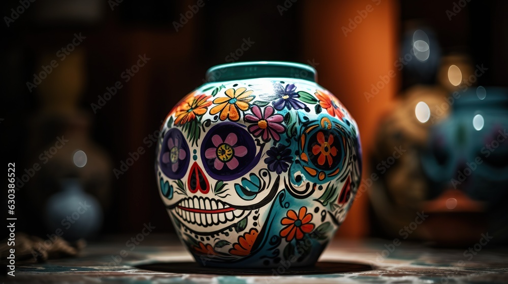 a close-up of a colorful hand-painted ceramic vase decorated with a Day of the Dead skull and flowers a close-up of a colorful hand-painted ceramic vase decorated with a Day of the Dead skull and flowers
