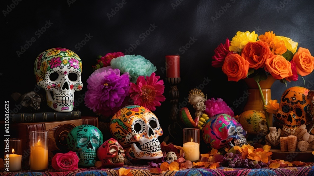 Fototapeta premium a traditionally painted sugar skulls on an altar, celebrating the Day of the Dead