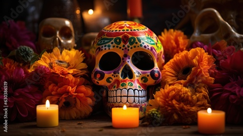 a close-up of a traditionally painted sugar skull on an altar, celebrating the Day of the Dea