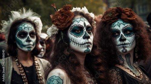 a group of women with their faces painted in colorful skull makeup, celebrating the Day of the Dead