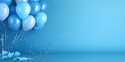 Festive banner with balloons on light blue blank background, party decoration with copy space area, panoramic holiday background 