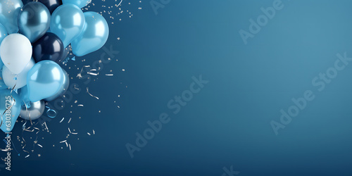 Festive banner with balloons on blue blank background, party decoration with copy space area, panoramic holiday background 