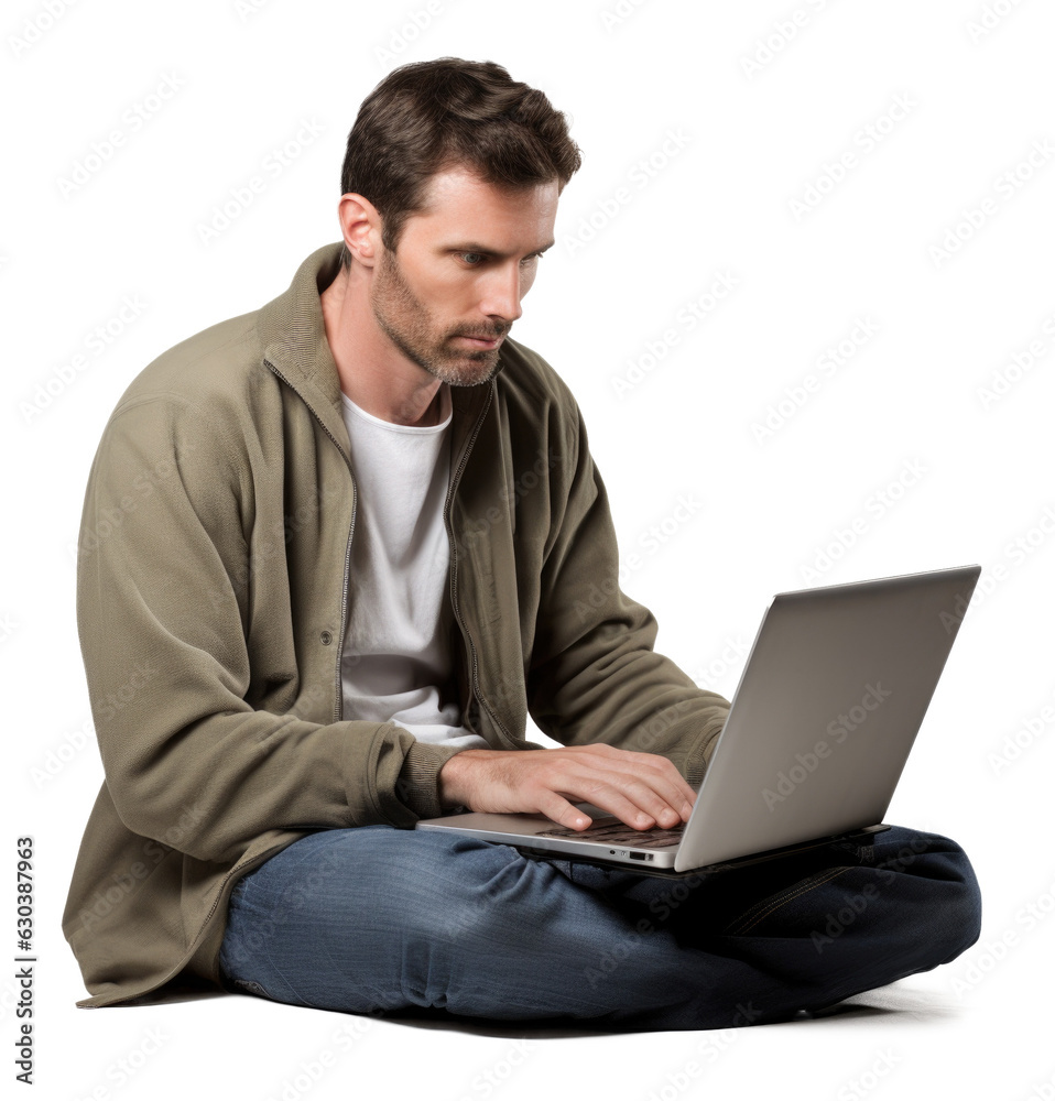 Man Crossed Legs Using Laptop Isolated on Transparent Background

