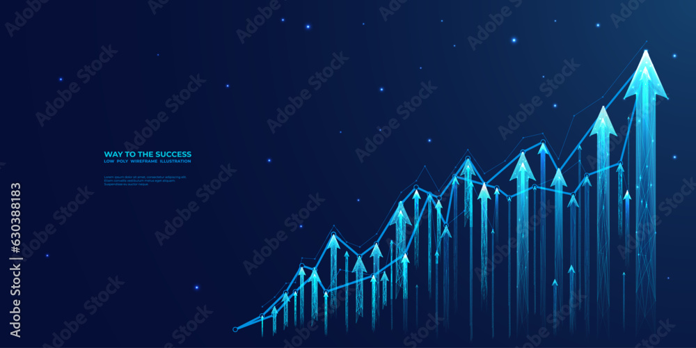 Abstract digital growing arrows up graph chart on technological blue low poly wireframe background. Boosting of business result concept. Polygonal finance glowing illustration. Success and Investment. - obrazy, fototapety, plakaty 