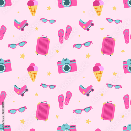 Barbiecore hot pink toy roller skates, suitcases, cameras, eyeglasses and icecream vector seamless pattern Doll themed colorful wallpaper background