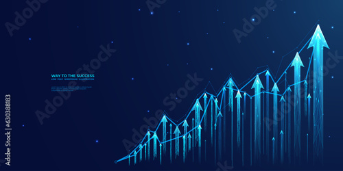 Abstract digital growing arrows up graph chart on technological blue low poly wireframe background. Boosting of business result concept. Polygonal finance glowing illustration. Success and Investment.