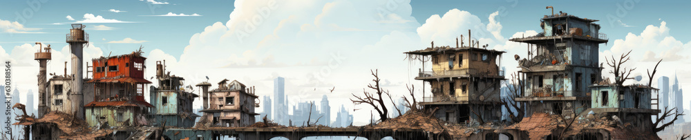 set of ruined skyscrapers, post-apocalyptic buildings isolated, white background, very hight quality generative ai