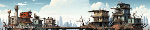 set of ruined skyscrapers, post-apocalyptic buildings isolated, white background, very hight quality generative ai