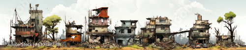 set of ruined skyscrapers, post-apocalyptic buildings isolated, white background, very hight quality generative ai © JKLoma