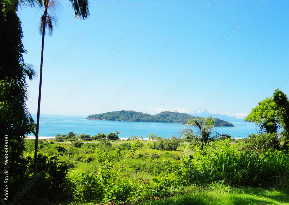Beautiful landscape, paradise, view, forest, blue sea, tropical nature, island. Relax, vacation, holiday, happy, peace. Beach in Paraty, Rio de Janeiro, Brazil