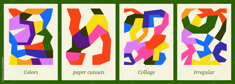 Abstract poster designs. Colorful and geometric backgrounds. Flat vector illustrations in paper cut style. Collage compositions. Organic and irregular artworks for wall art or postcard. Naive shapes.