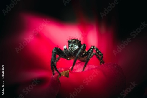 Slika na platnu a jumping spider is sitting on top of a red flower isolated in the dark