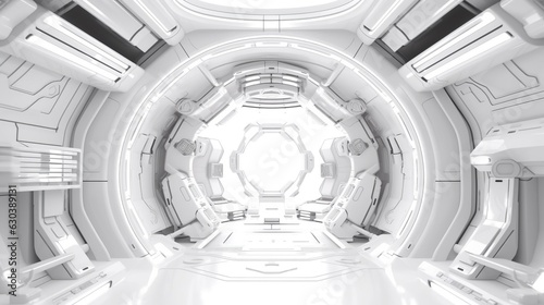 Futuristic glowing white spaceship interior background with copy space.