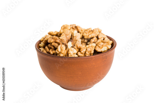 Roasted walnuts in bowl isolated on white background. walnuts is snack or raw of cook. Healthy food concept