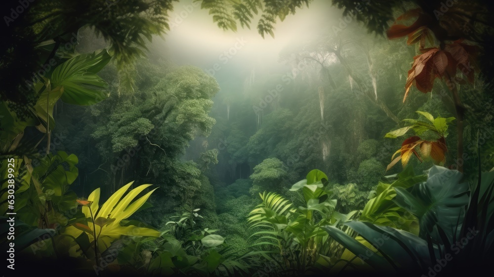 Beautiful jungle background with border made of tropical leaves. Exotic outdoor backdrop with copy space. - obrazy, fototapety, plakaty 