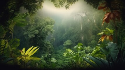Beautiful jungle background with border made of tropical leaves. Exotic outdoor backdrop with copy space.