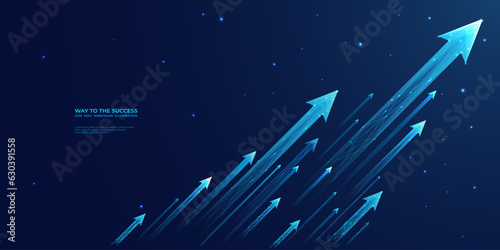 Digital bunch of glowing arrows up diagonally. Abstract boosting conception of high-speed Internet connection. Light low poly wireframe vector illustration on technology blue background. 