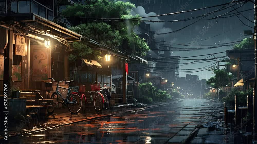 wet road when it rains at night. Anime art style. Loop animation