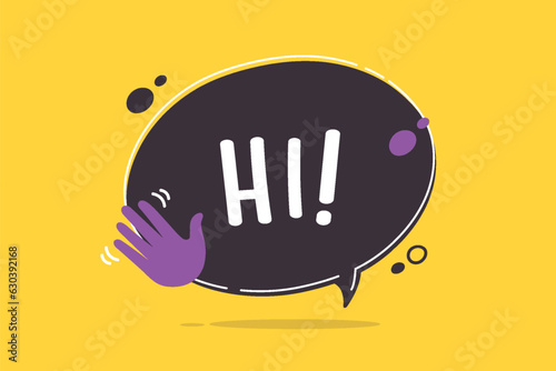 Black speech bubble banner with hi word and hand icon with waving gesture vector illustration