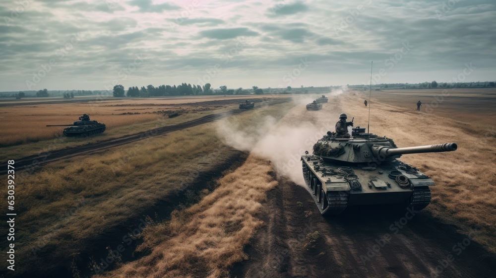 Tanks drive along the road through the field, long shot. Generative AI. Tanks drive along the road through the field, long shot. Generative AI.