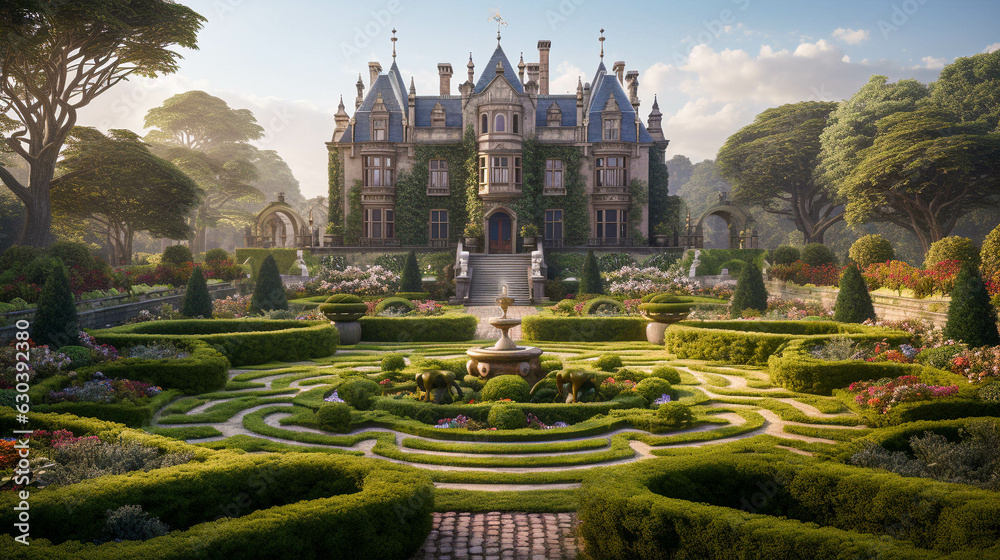 Suburban Victorian Beauty: Manorial Mansion and Serene Gardens. Fantasy Majestic Estate. Generative AI