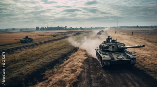 Tanks drive along the road through the field, long shot. Generative AI.