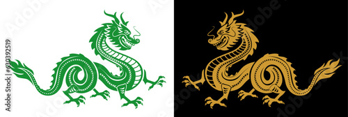 2024 symbol year. Traditional green and gold chinese dragons for greeting card, invitation in cartoon style. Vector on transparent and dark background