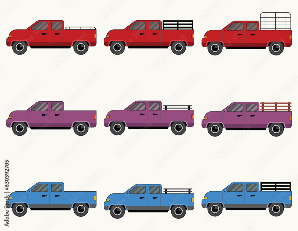 Set of Pickup lorry car truck vector art illustration 